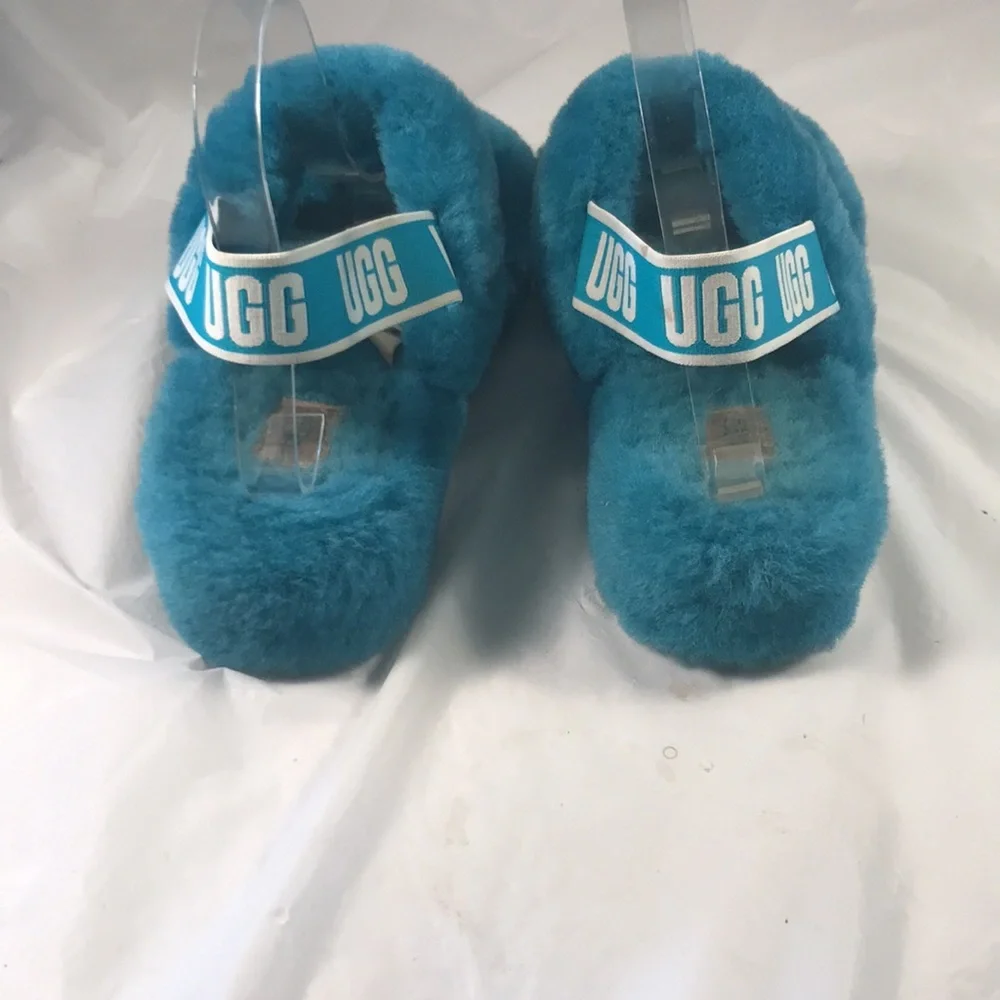 UGG Women’s Oh Yeah Teal Blue Fuzzy Platform Strappy  Logo  Shoe Slippers